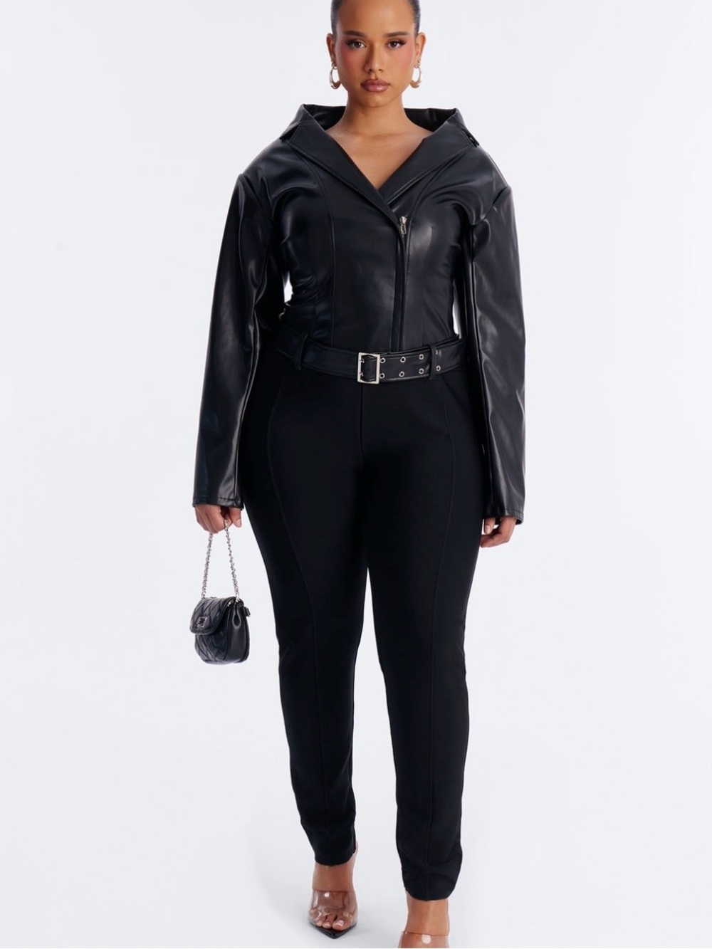 Brand New Faux Leather Black Moto Jacket Jumpsuit